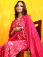 Embroidered Kurta With Pant & Dupatta, Pink - Hiral Fashion | Grocsy
