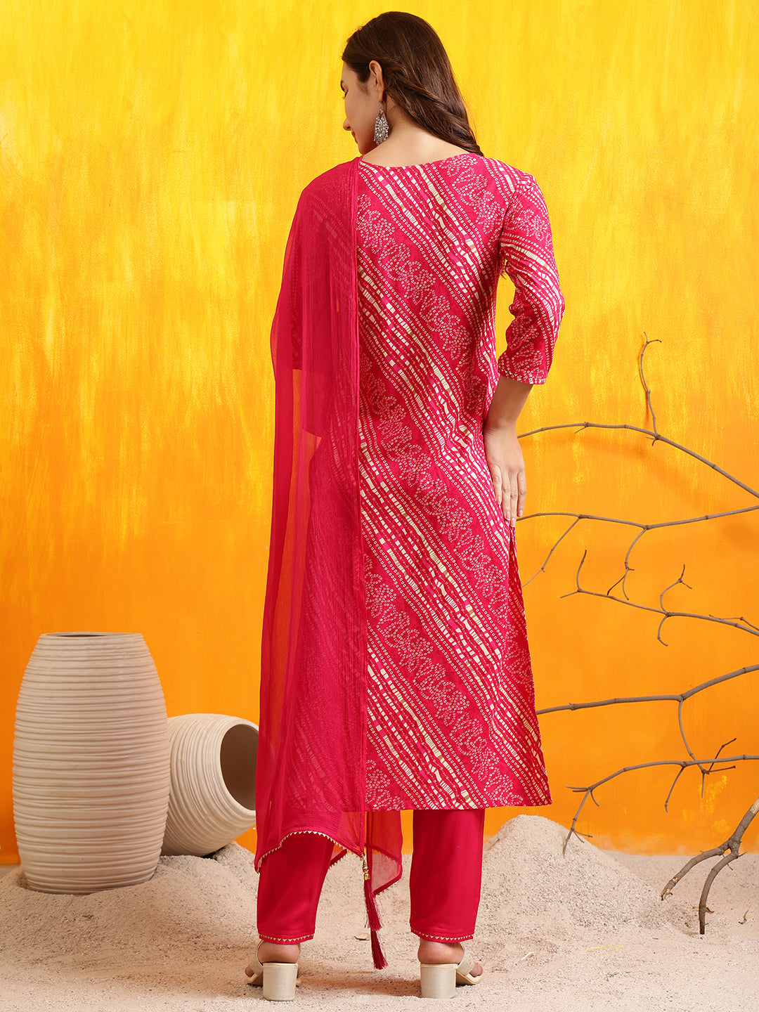 Embroidered Kurta With Pant & Dupatta, Pink - Hiral Fashion | Grocsy