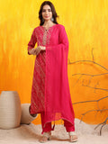 Embroidered Kurta With Pant & Dupatta, Pink - Hiral Fashion | Grocsy