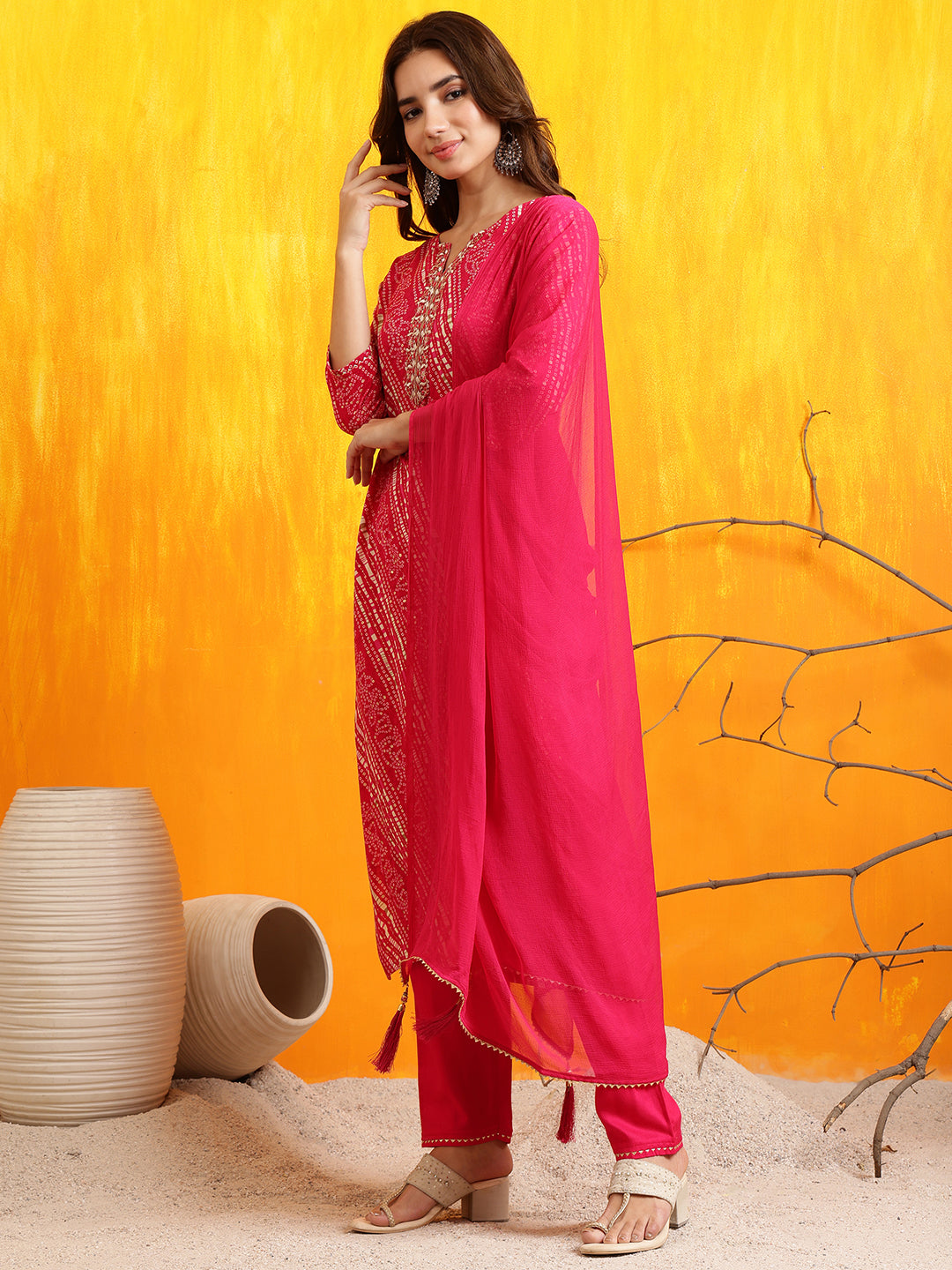 Embroidered Kurta With Pant & Dupatta, Pink - Hiral Fashion | Grocsy