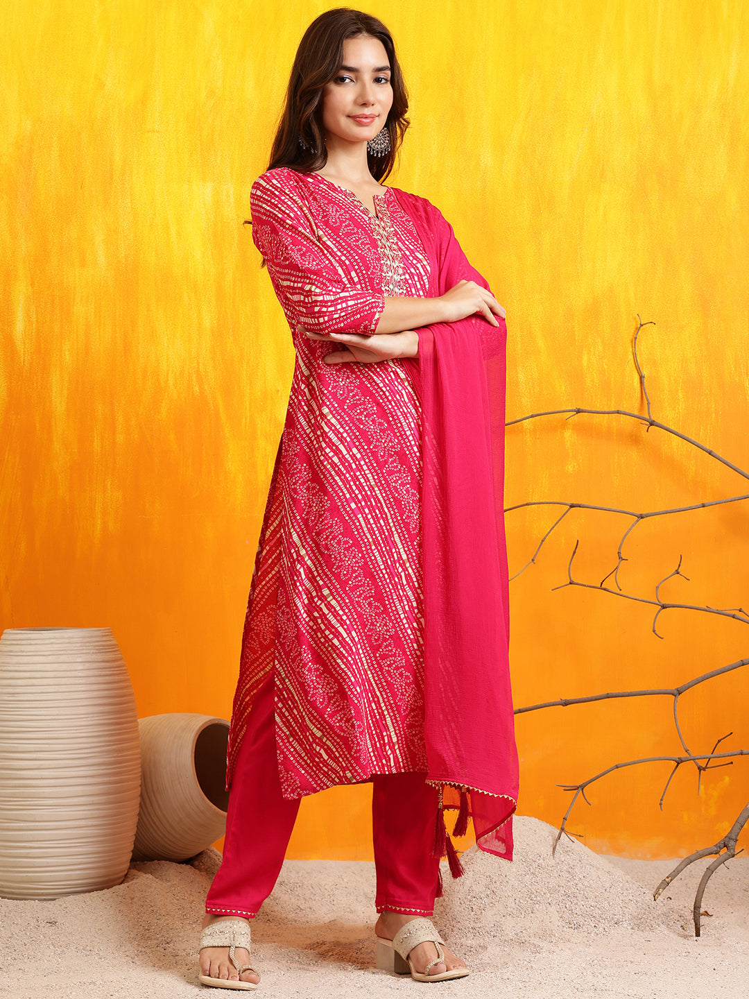 Embroidered Kurta With Pant & Dupatta, Pink - Hiral Fashion | Grocsy