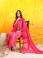 Embroidered Kurta With Pant & Dupatta, Pink - Hiral Fashion | Grocsy