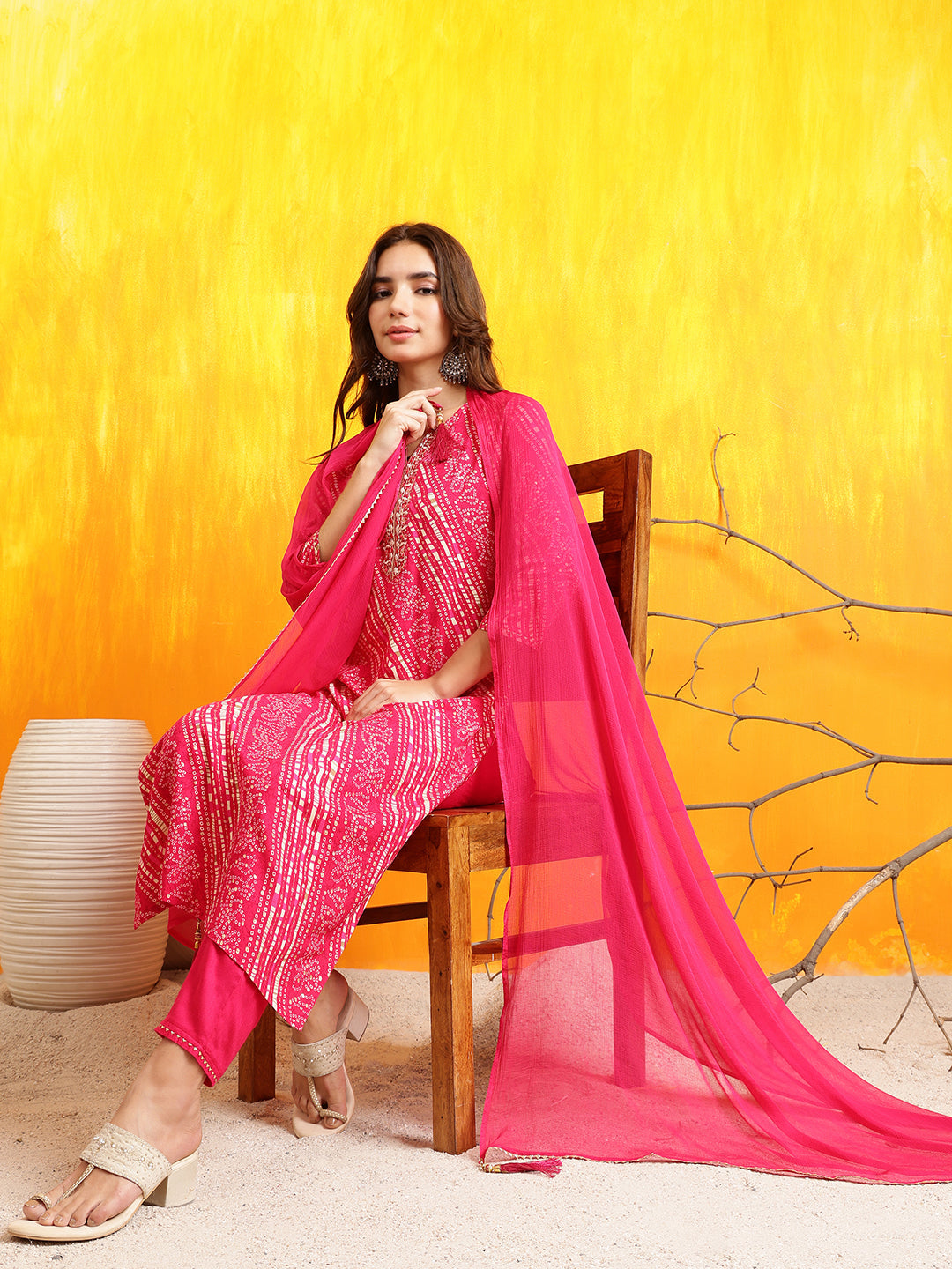 Embroidered Kurta With Pant & Dupatta, Pink - Hiral Fashion | Grocsy