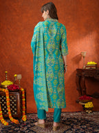 Embroidered & Printed Kurta With Pant & Coordinated Dupatta, Turquoise - Hiral Fashion | Grocsy