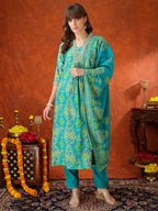 Embroidered & Printed Kurta With Pant & Coordinated Dupatta, Turquoise - Hiral Fashion | Grocsy