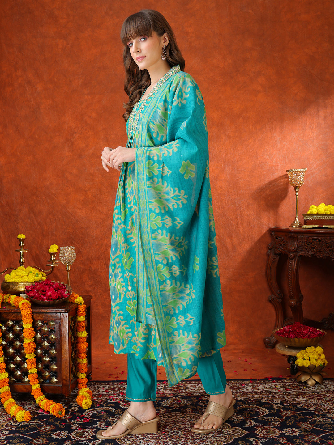 Embroidered & Printed Kurta With Pant & Coordinated Dupatta, Turquoise - Hiral Fashion | Grocsy
