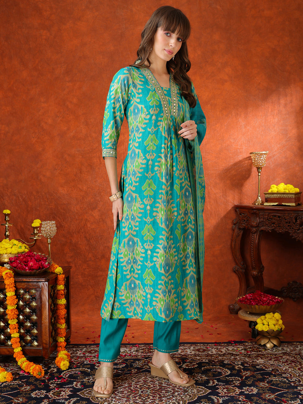 Embroidered & Printed Kurta With Pant & Coordinated Dupatta, Turquoise - Hiral Fashion | Grocsy