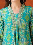Embroidered & Printed Kurta With Pant & Coordinated Dupatta, Turquoise - Hiral Fashion | Grocsy
