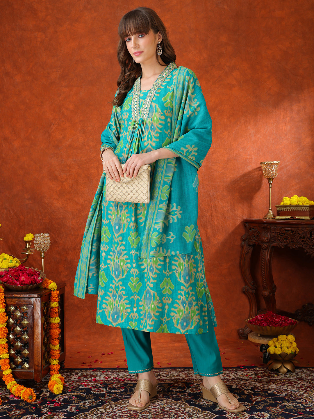 Embroidered & Printed Kurta With Pant & Coordinated Dupatta, Turquoise - Hiral Fashion | Grocsy