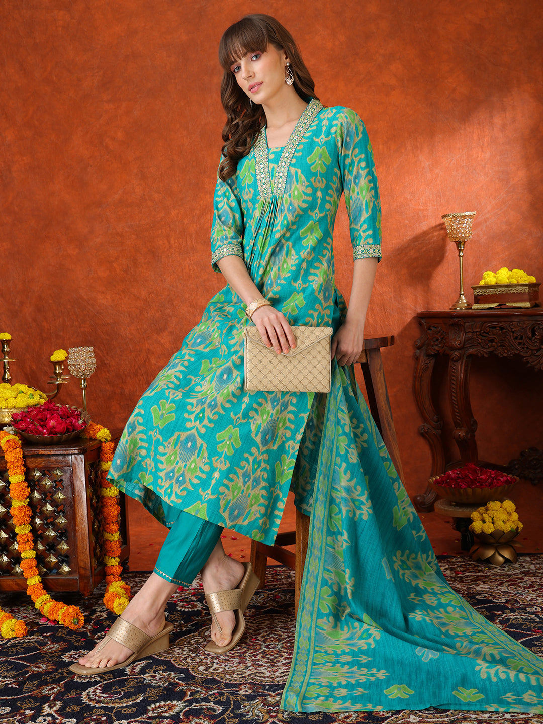 Embroidered & Printed Kurta With Pant & Coordinated Dupatta, Turquoise - Hiral Fashion | Grocsy