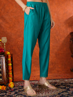 Embroidered & Printed Kurta With Pant & Coordinated Dupatta, Turquoise - Hiral Fashion | Grocsy