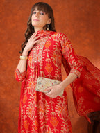 Embroidered & Printed Kurta With Pant & Coordinated Dupatta, Red - Hiral Fashion | Grocsy