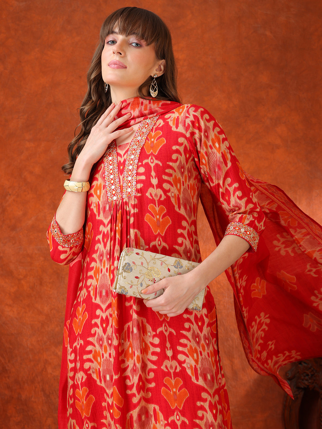 Embroidered & Printed Kurta With Pant & Coordinated Dupatta, Red - Hiral Fashion | Grocsy
