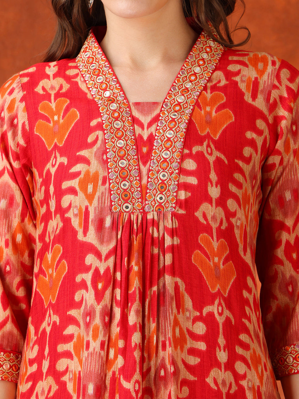 Embroidered & Printed Kurta With Pant & Coordinated Dupatta, Red - Hiral Fashion | Grocsy