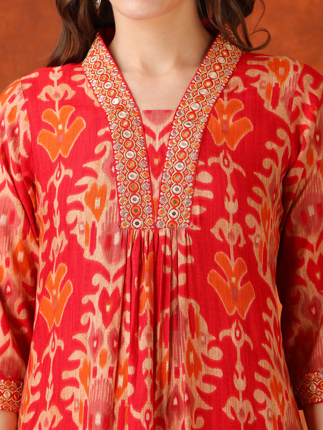 Embroidered & Printed Kurta With Pant & Coordinated Dupatta, Red - Hiral Fashion | Grocsy