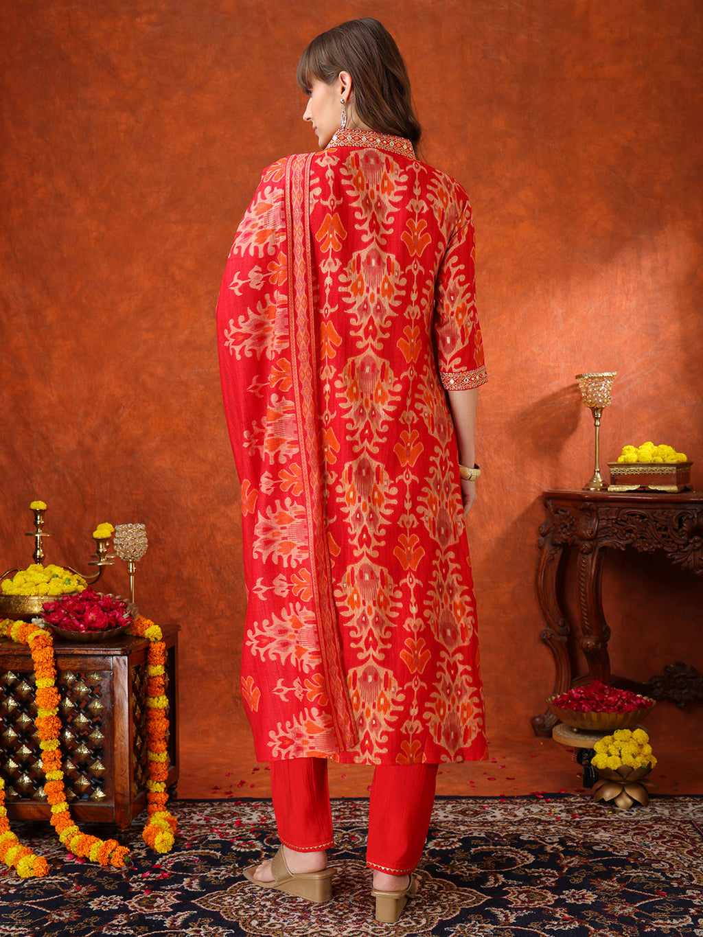 Embroidered & Printed Kurta With Pant & Coordinated Dupatta, Red - Hiral Fashion | Grocsy