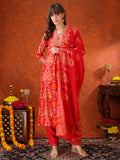 Embroidered & Printed Kurta With Pant & Coordinated Dupatta, Red - Hiral Fashion | Grocsy