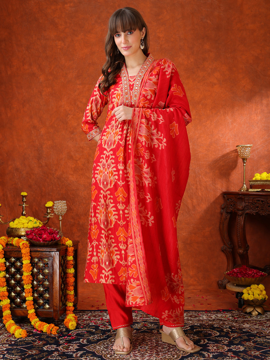 Embroidered & Printed Kurta With Pant & Coordinated Dupatta, Red - Hiral Fashion | Grocsy