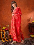 Embroidered & Printed Kurta With Pant & Coordinated Dupatta, Red - Hiral Fashion | Grocsy