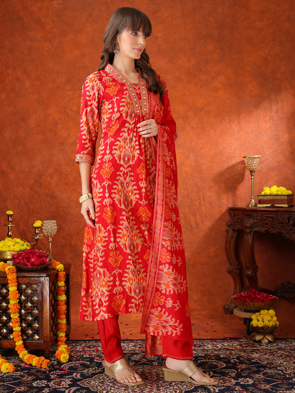 Embroidered & Printed Kurta With Pant & Coordinated Dupatta, Red - Hiral Fashion | Grocsy