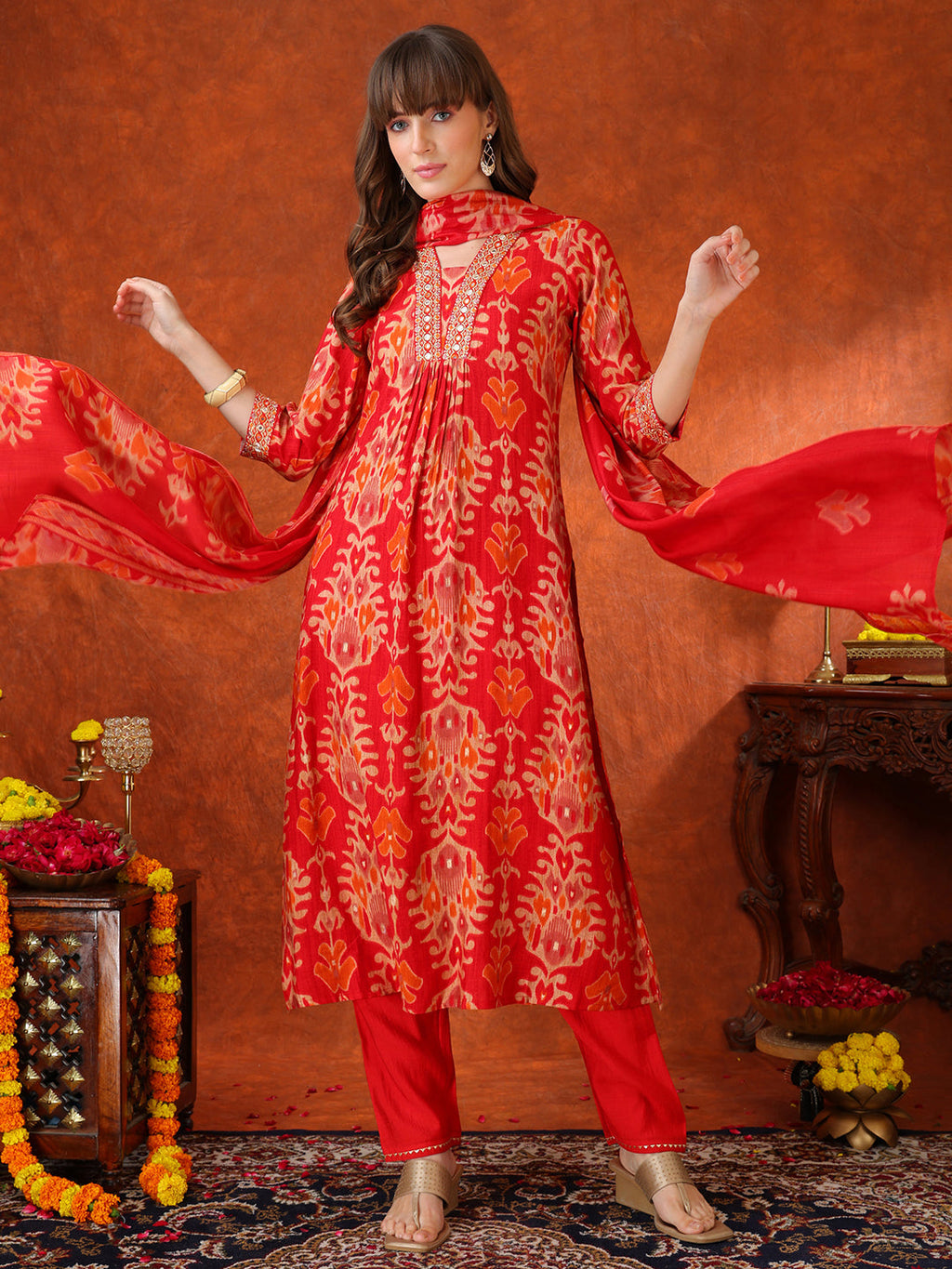 Embroidered & Printed Kurta With Pant & Coordinated Dupatta, Red - Hiral Fashion | Grocsy