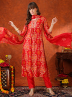 Embroidered & Printed Kurta With Pant & Coordinated Dupatta, Red - Hiral Fashion | Grocsy
