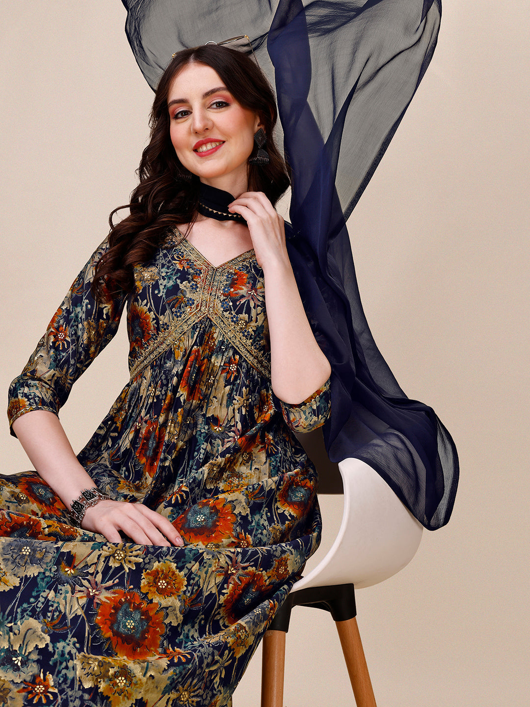Alia Cut Printed & Embroidered Kurta With Pant & Dupatta Set, Multicolor - Hiral Fashion | Grocsy