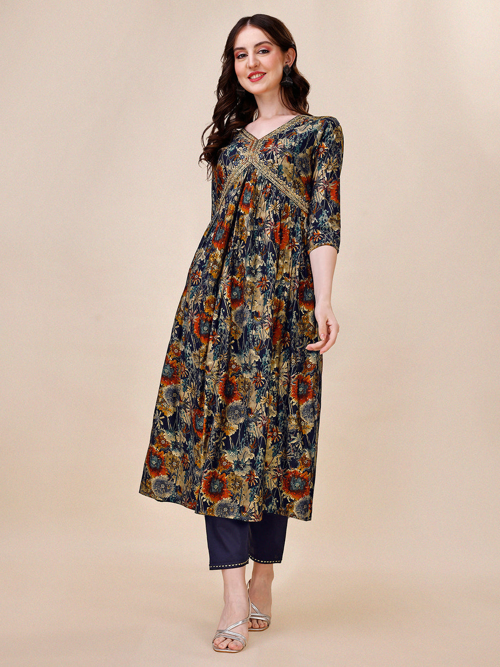 Alia Cut Printed & Embroidered Kurta With Pant & Dupatta Set, Multicolor - Hiral Fashion | Grocsy