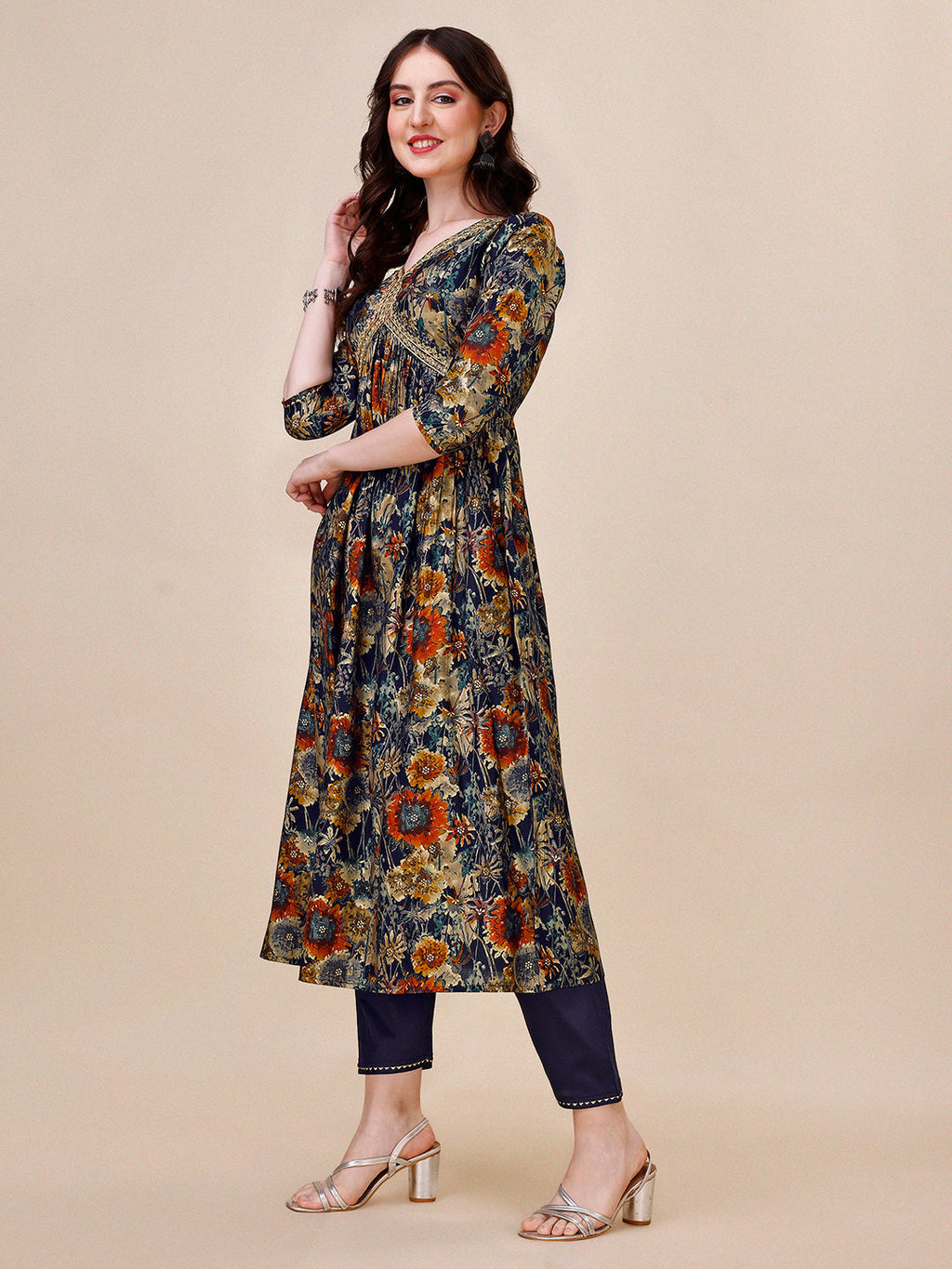 Alia Cut Printed & Embroidered Kurta With Pant & Dupatta Set, Multicolor - Hiral Fashion | Grocsy