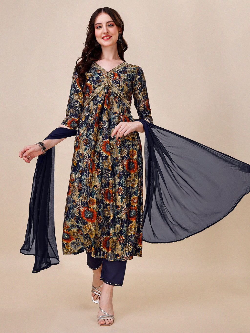 Alia Cut Printed & Embroidered Kurta With Pant & Dupatta Set, Multicolor - Hiral Fashion | Grocsy