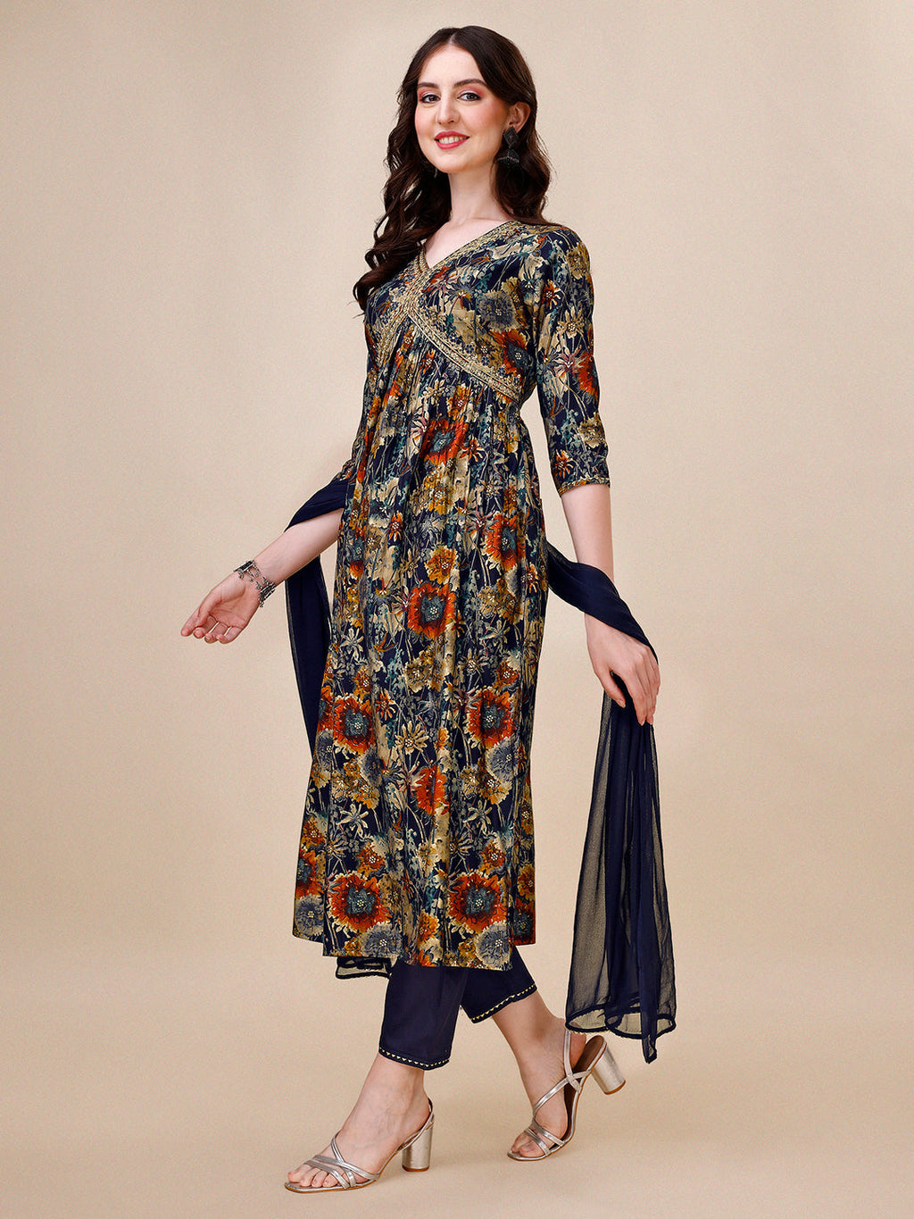 Alia Cut Printed & Embroidered Kurta With Pant & Dupatta Set, Multicolor - Hiral Fashion | Grocsy