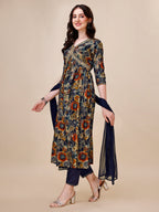Alia Cut Printed & Embroidered Kurta With Pant & Dupatta Set, Multicolor - Hiral Fashion | Grocsy