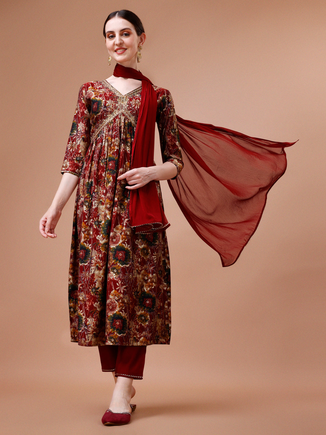 Alia Cut Printed & Embroidered Kurta With Pant & Dupatta Set, Multicolor - Hiral Fashion | Grocsy