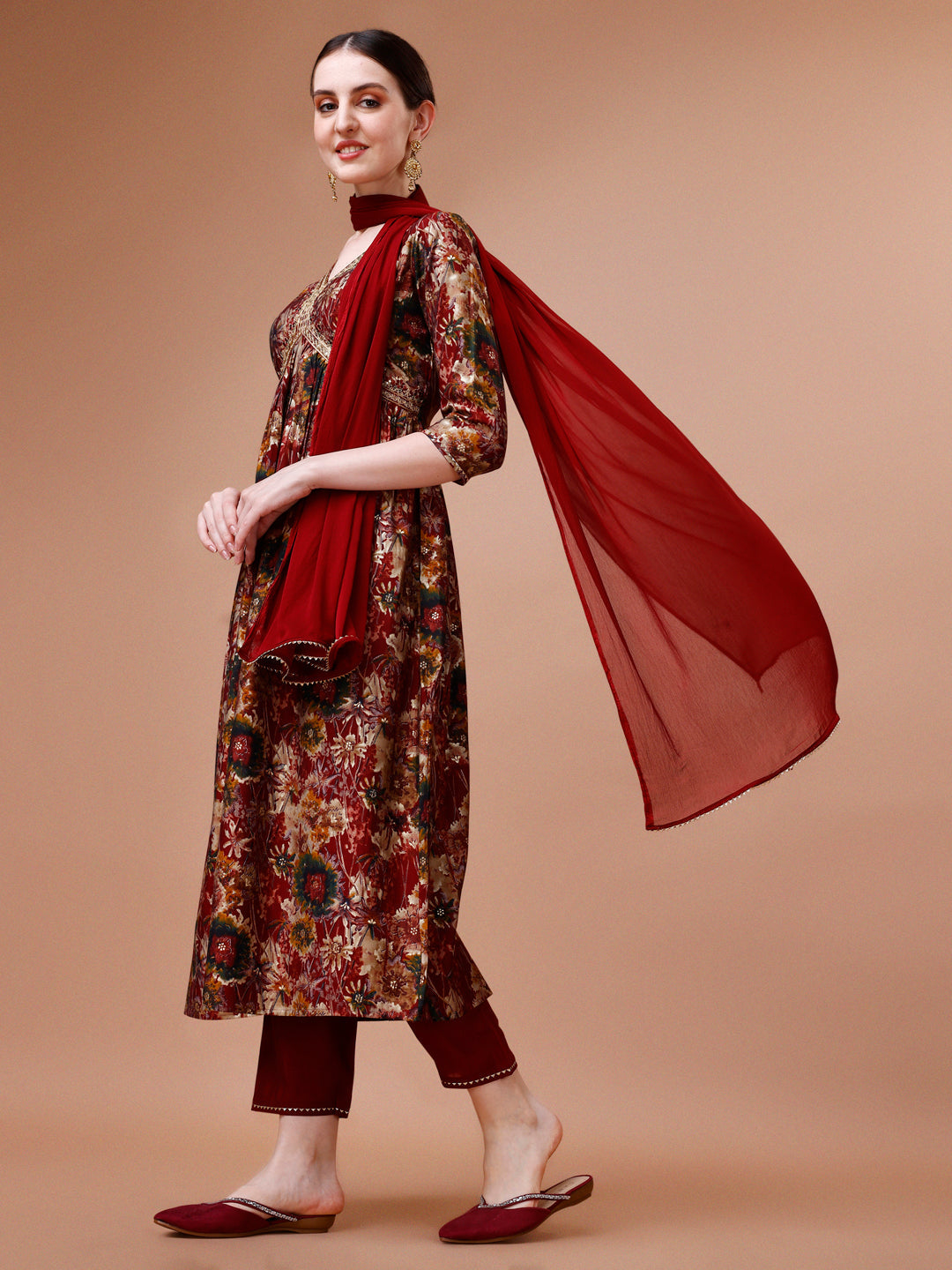 Alia Cut Printed & Embroidered Kurta With Pant & Dupatta Set, Multicolor - Hiral Fashion | Grocsy