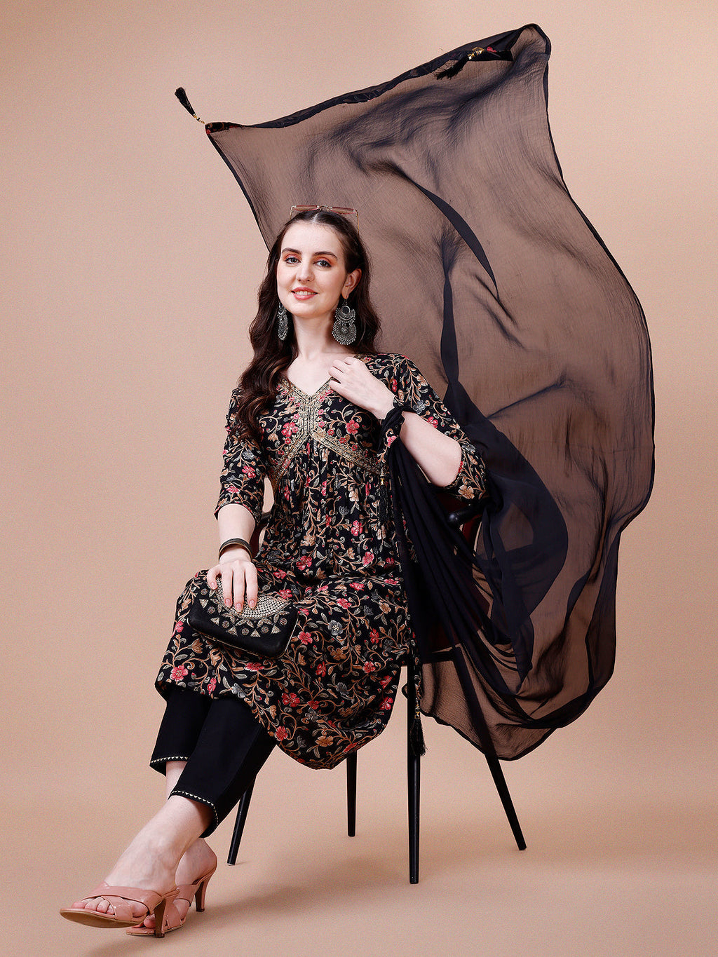 Alia Cut Embroidered & Floral Printed Rayon Kurta With Pant & Dupatta, Multicolor - Hiral Fashion | Grocsy
