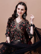 Alia Cut Embroidered & Floral Printed Rayon Kurta With Pant & Dupatta, Multicolor - Hiral Fashion | Grocsy