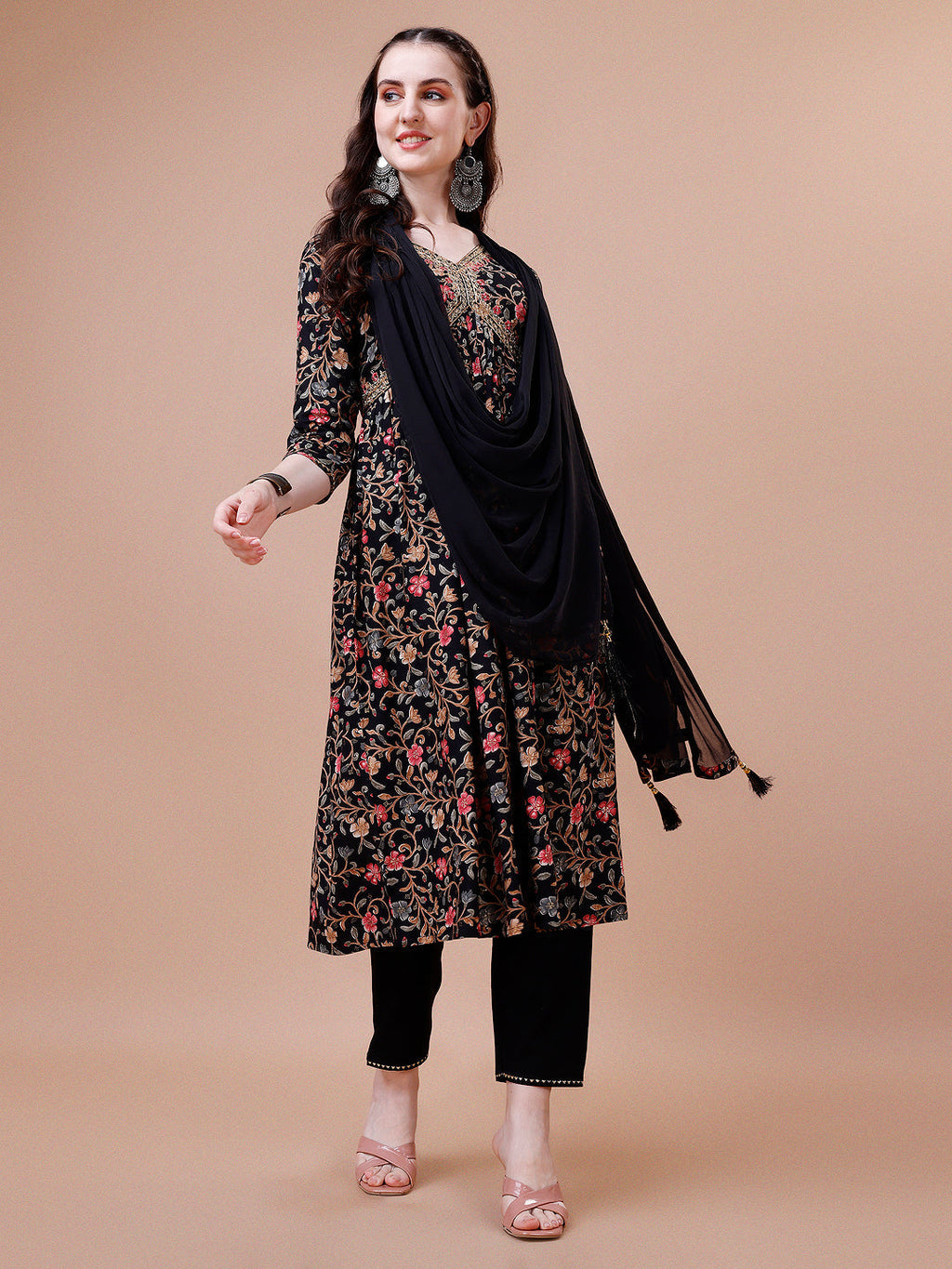 Alia Cut Embroidered & Floral Printed Rayon Kurta With Pant & Dupatta, Multicolor - Hiral Fashion | Grocsy