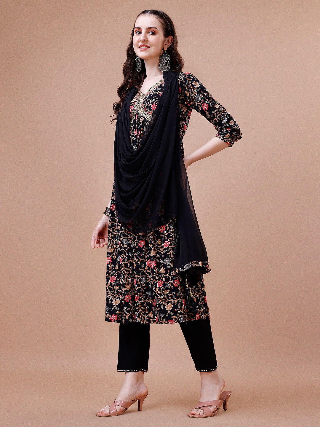 Alia Cut Embroidered & Floral Printed Rayon Kurta With Pant & Dupatta, Multicolor - Hiral Fashion | Grocsy