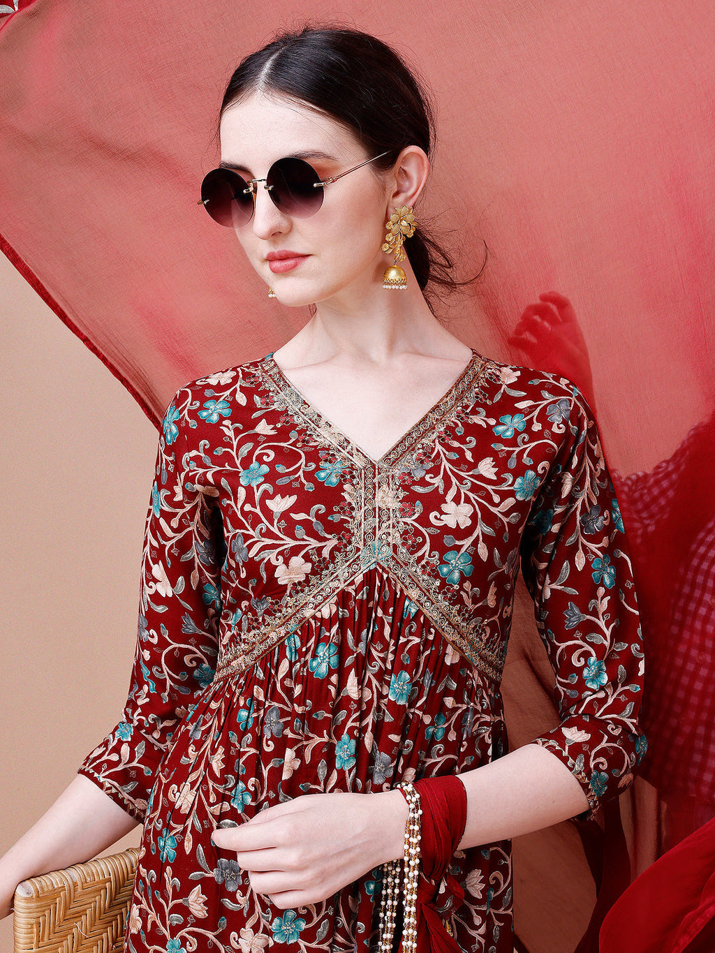Alia Cut Embroidered & Floral Printed Rayon Kurta With Pant & Dupatta, Multicolor - Hiral Fashion | Grocsy