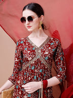 Alia Cut Embroidered & Floral Printed Rayon Kurta With Pant & Dupatta, Multicolor - Hiral Fashion | Grocsy