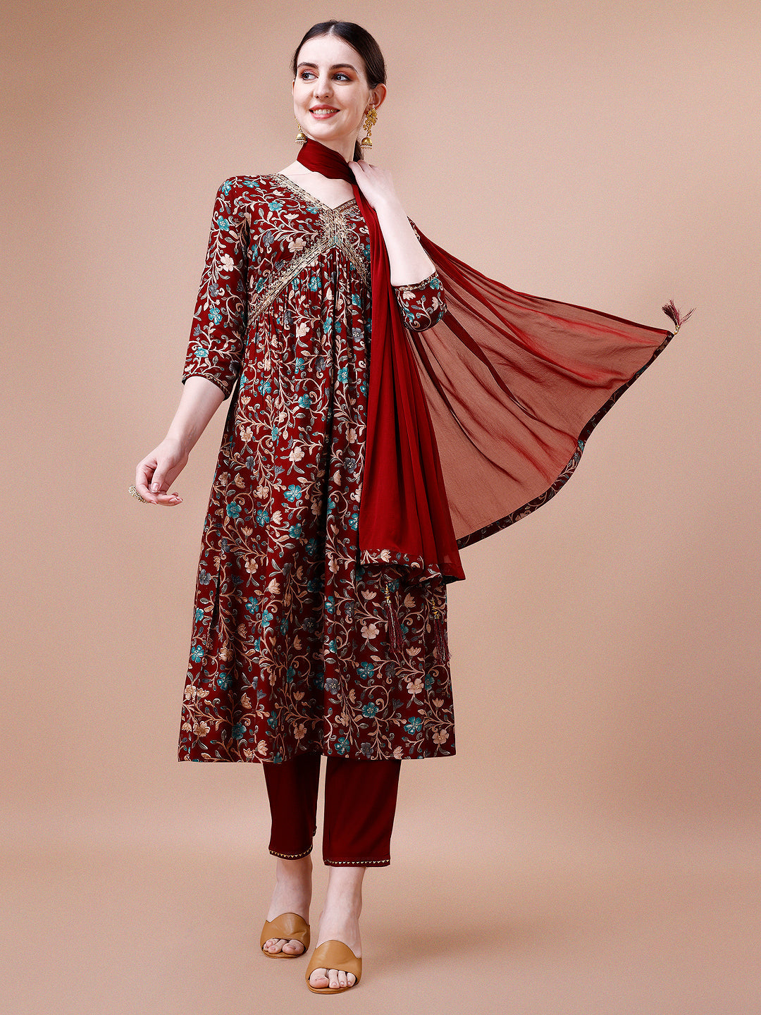 Alia Cut Embroidered & Floral Printed Rayon Kurta With Pant & Dupatta, Multicolor - Hiral Fashion | Grocsy
