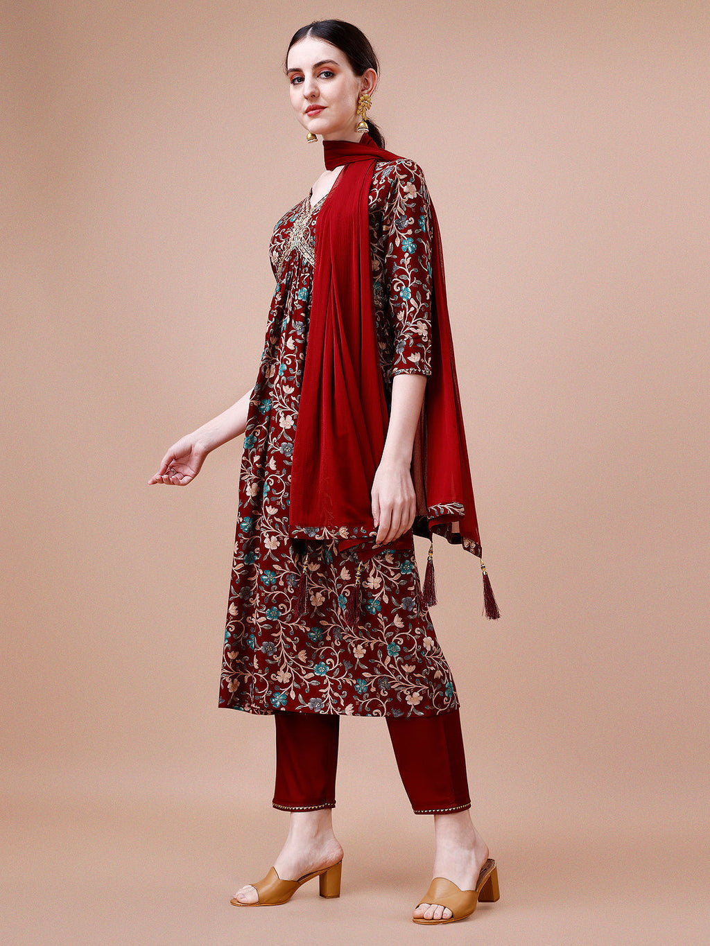 Alia Cut Embroidered & Floral Printed Rayon Kurta With Pant & Dupatta, Multicolor - Hiral Fashion | Grocsy