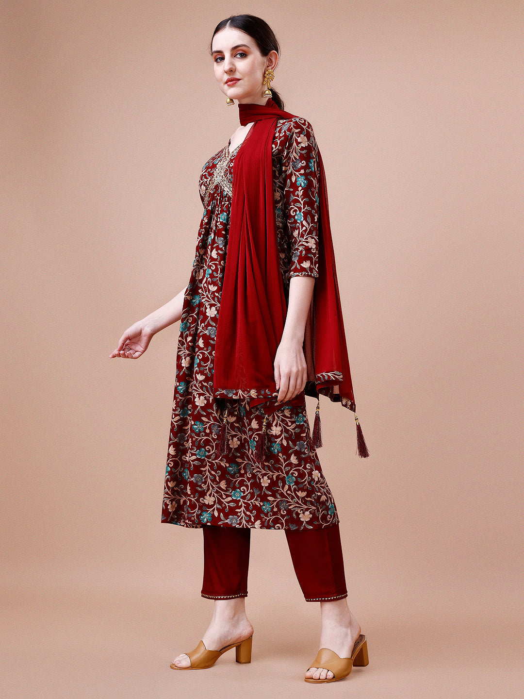 Alia Cut Embroidered & Floral Printed Rayon Kurta With Pant & Dupatta, Multicolor - Hiral Fashion | Grocsy