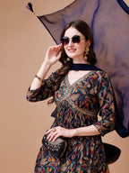 Alia Cut Botanical Printed & Embroidered Rayon Kurta With Pant & Dupatta, Multicolor - Hiral Fashion | Grocsy