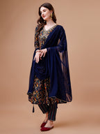 Alia Cut Botanical Printed & Embroidered Rayon Kurta With Pant & Dupatta, Multicolor - Hiral Fashion | Grocsy