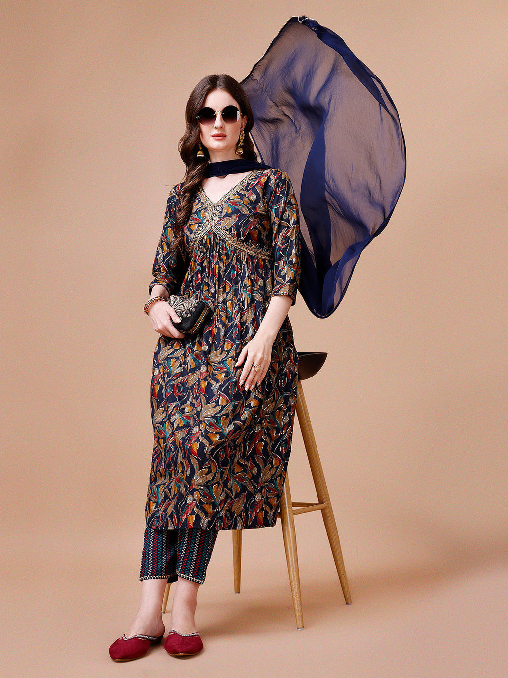 Alia Cut Botanical Printed & Embroidered Rayon Kurta With Pant & Dupatta, Multicolor - Hiral Fashion | Grocsy