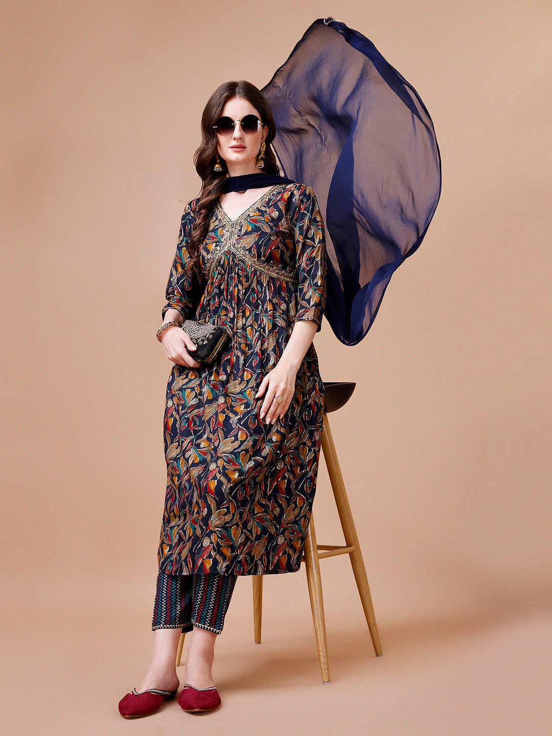 Alia Cut Botanical Printed & Embroidered Rayon Kurta With Pant & Dupatta, Multicolor - Hiral Fashion | Grocsy