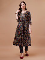 Alia Cut Botanical Printed & Embroidered Rayon Kurta With Pant & Dupatta, Multicolor - Hiral Fashion | Grocsy