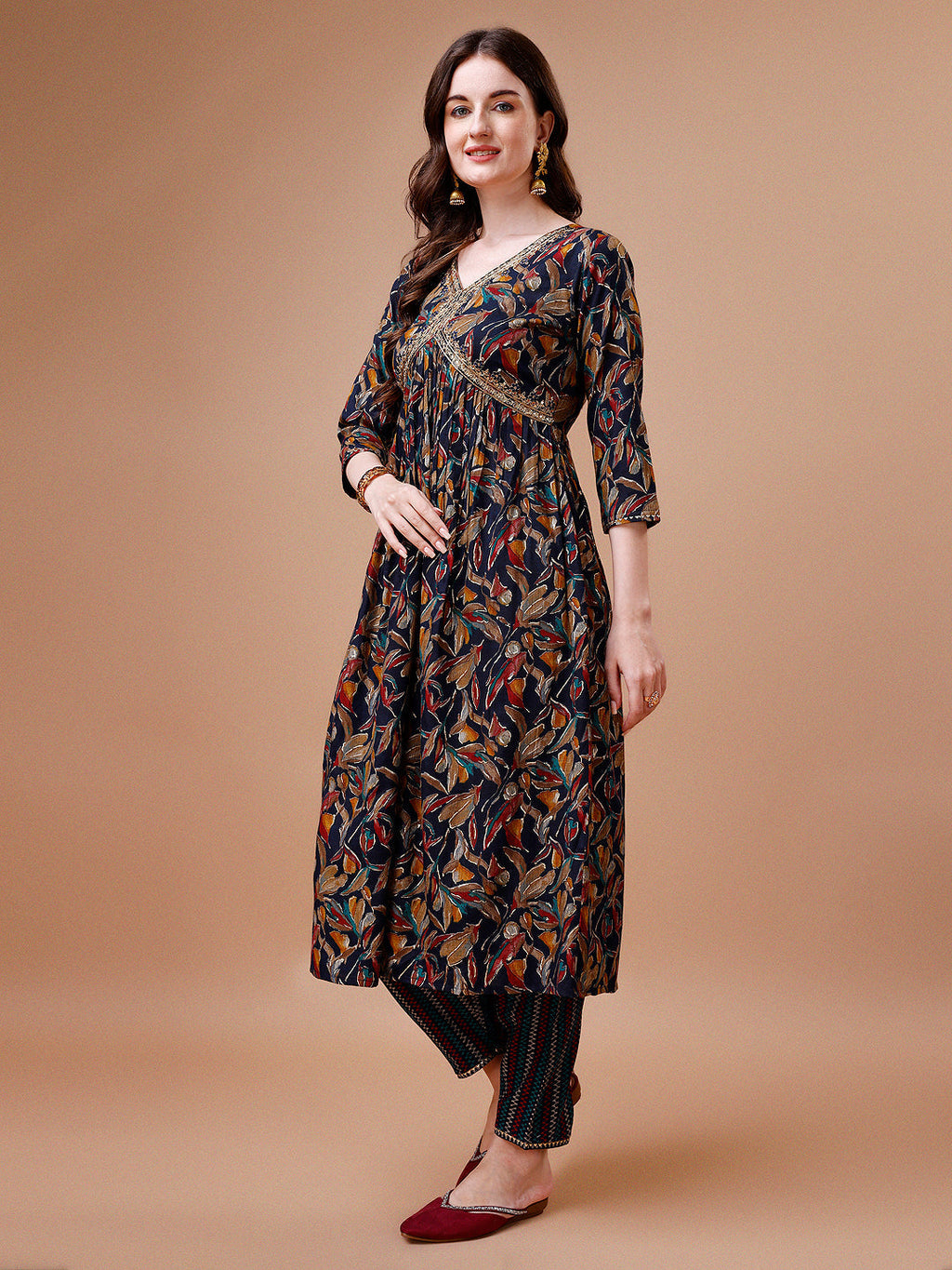 Alia Cut Botanical Printed & Embroidered Rayon Kurta With Pant & Dupatta, Multicolor - Hiral Fashion | Grocsy