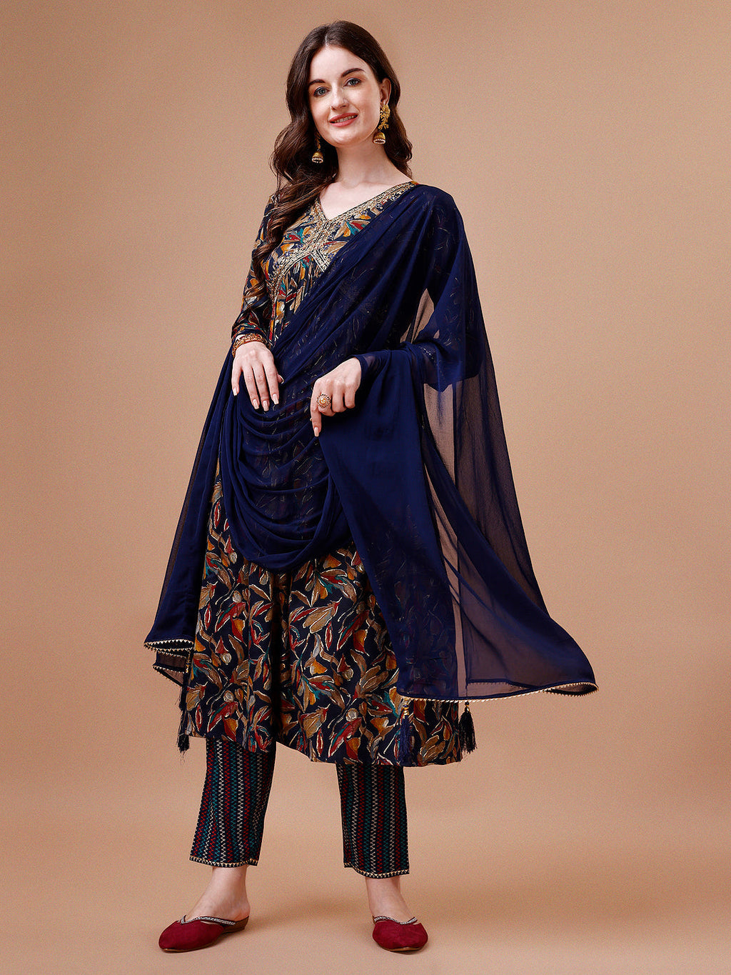 Alia Cut Botanical Printed & Embroidered Rayon Kurta With Pant & Dupatta, Multicolor - Hiral Fashion | Grocsy